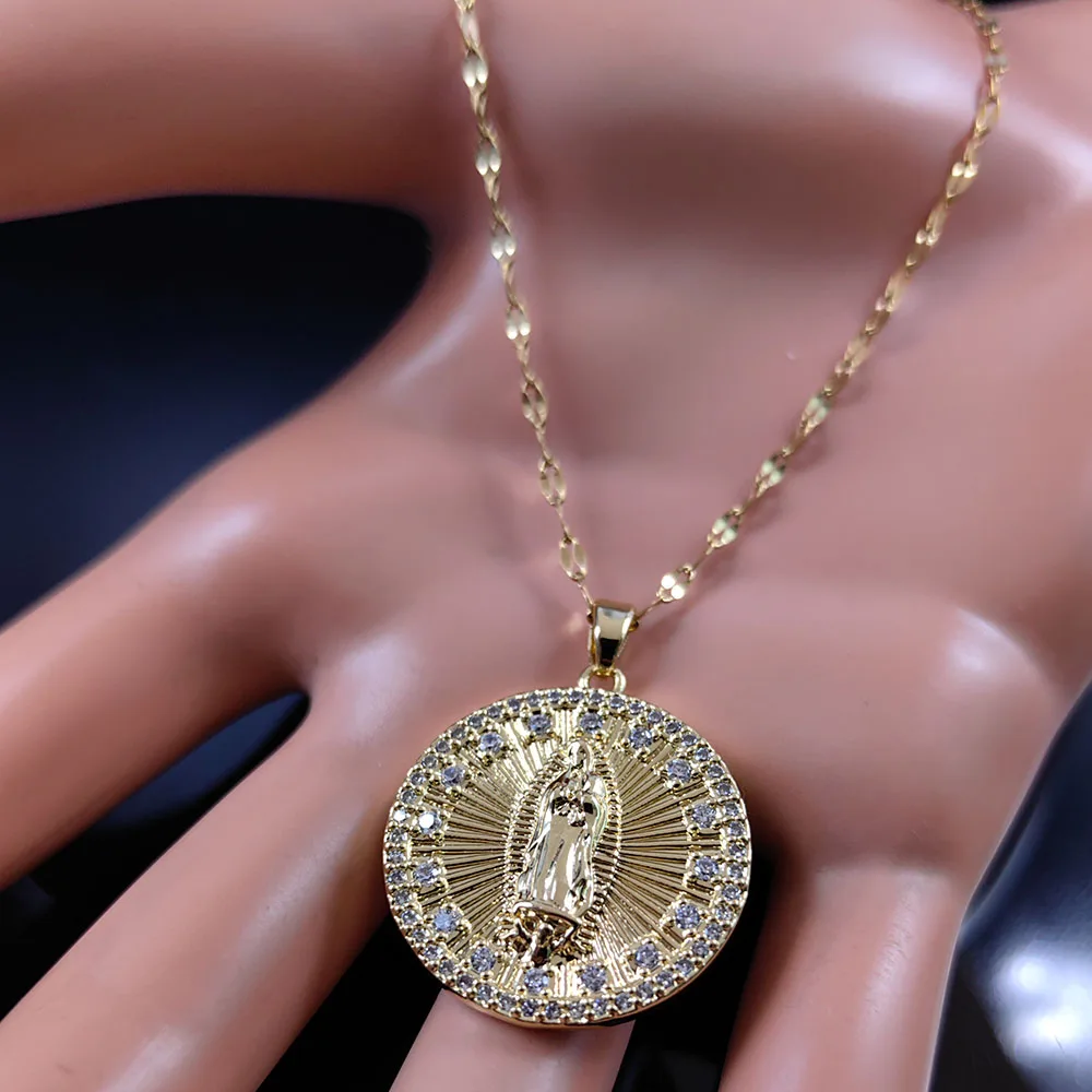 Luxury Virgin Mary Copper Zircon Medal Pendant Necklace for Women Men Stainless Steel Gold Color Our Lady Chain Jewelry collar