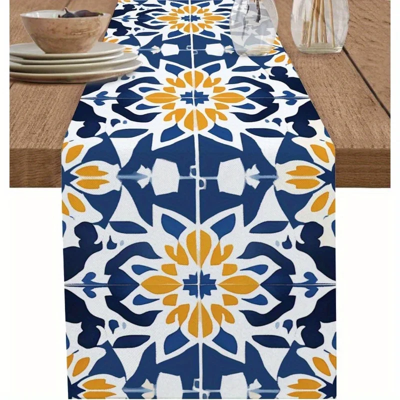 Tischläufer mit marokkanischem Fliesen und Blumenmuster |   Blaues abstraktes Kunstdesign |   Perfekt für Hochzeiten, Partys und Küchentischdekoration