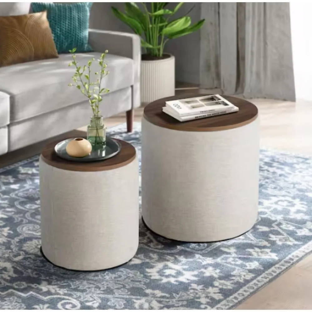 Round Coffee Table with Set of 2,End Table with Storage,Ottoman Stool,Coffee Table with Wooden Lid for Living Room