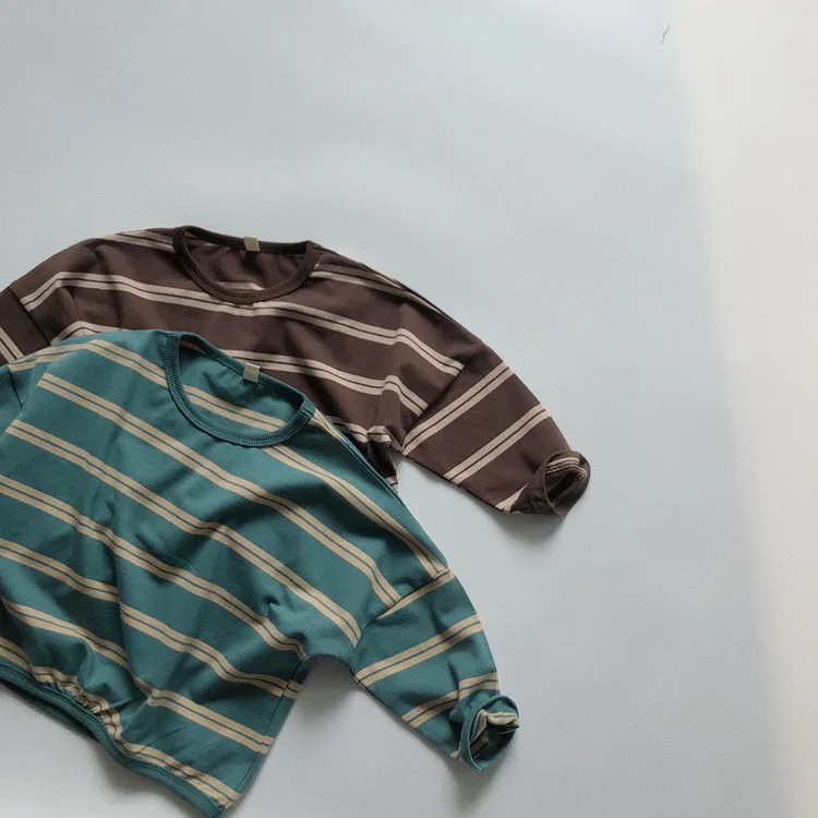 Children Boy Striped Long Sleeve T-shirt Spring New Korea Round Neck Lace Up Baby Boy T-shirt Loose Bottomed Kid Boy Shirt Trend