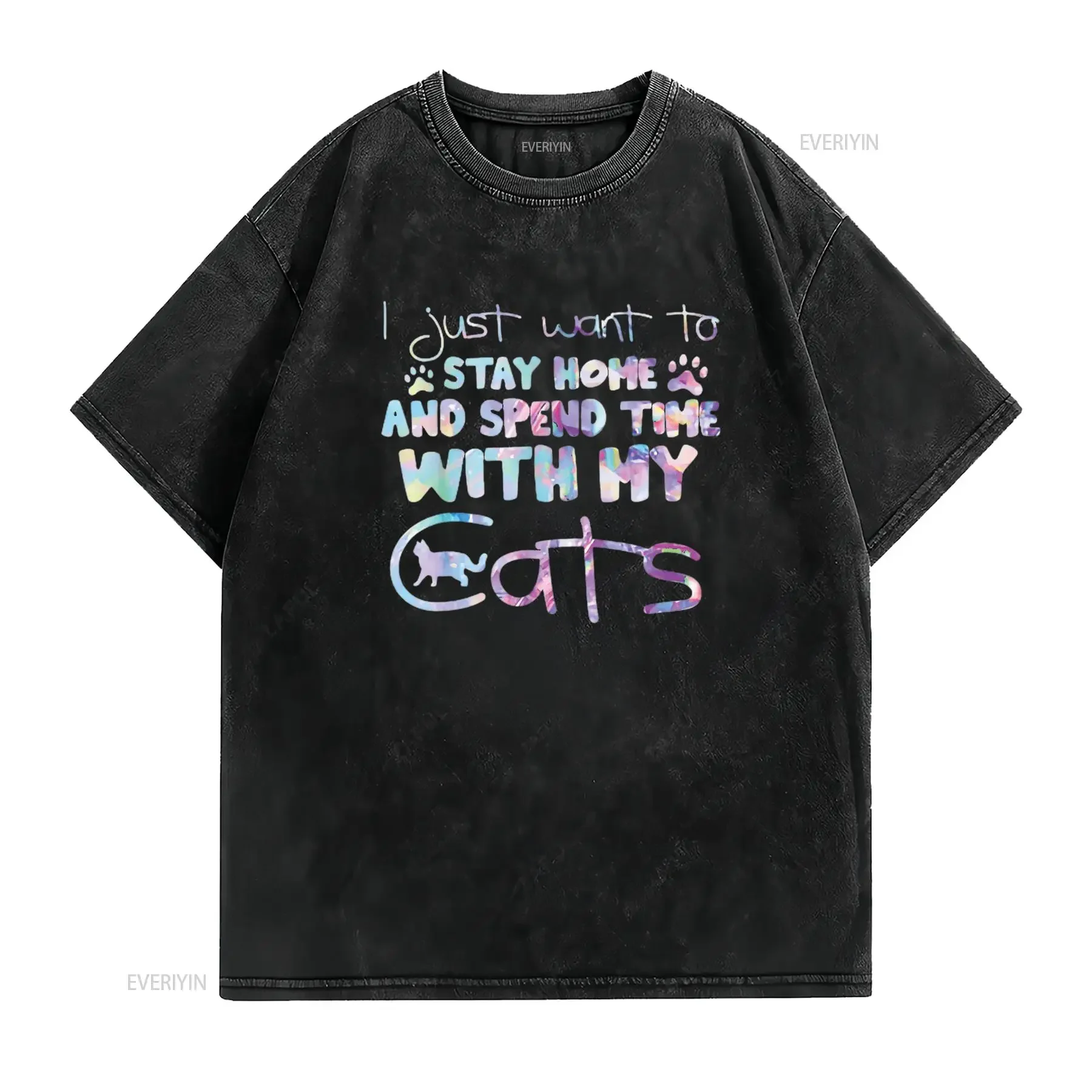 I just want to stay home and spend time with my cats funny Womens T Shirt Black L vintage Washed Stylish Versatile fashion
