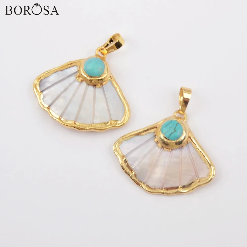 

BOROSA Unique Fan Shape Golden Natural White Shell & Blue Howlite Turquoises Pendant for Earring Jewelry Handmade Accessories