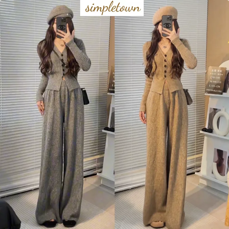 Spring and Autumn New Style Slim and Casual Fashion V-neck Short Sweater Knitted Top+High Waist Wide Leg Pants Two Piece Set