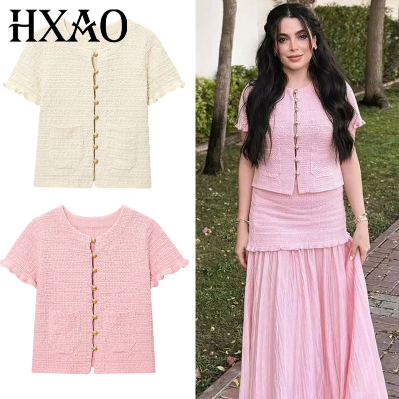 

HXAO 2025 укороченный вязаный кардиган, женский летний трикотаж, женский свитер, розовый, белый кардиган, красивые свитера с круглым вырезом и короткими рукавами