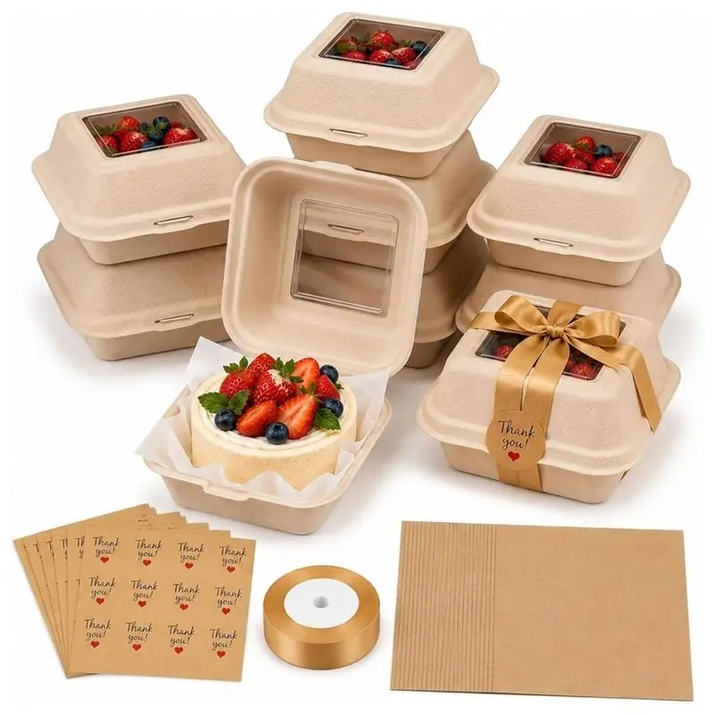 Bento Cake Box Clamshell Container Kit(50 Sets) Includes Window Perfect For Birthdays, Weddings, Baby Showers, Holidays