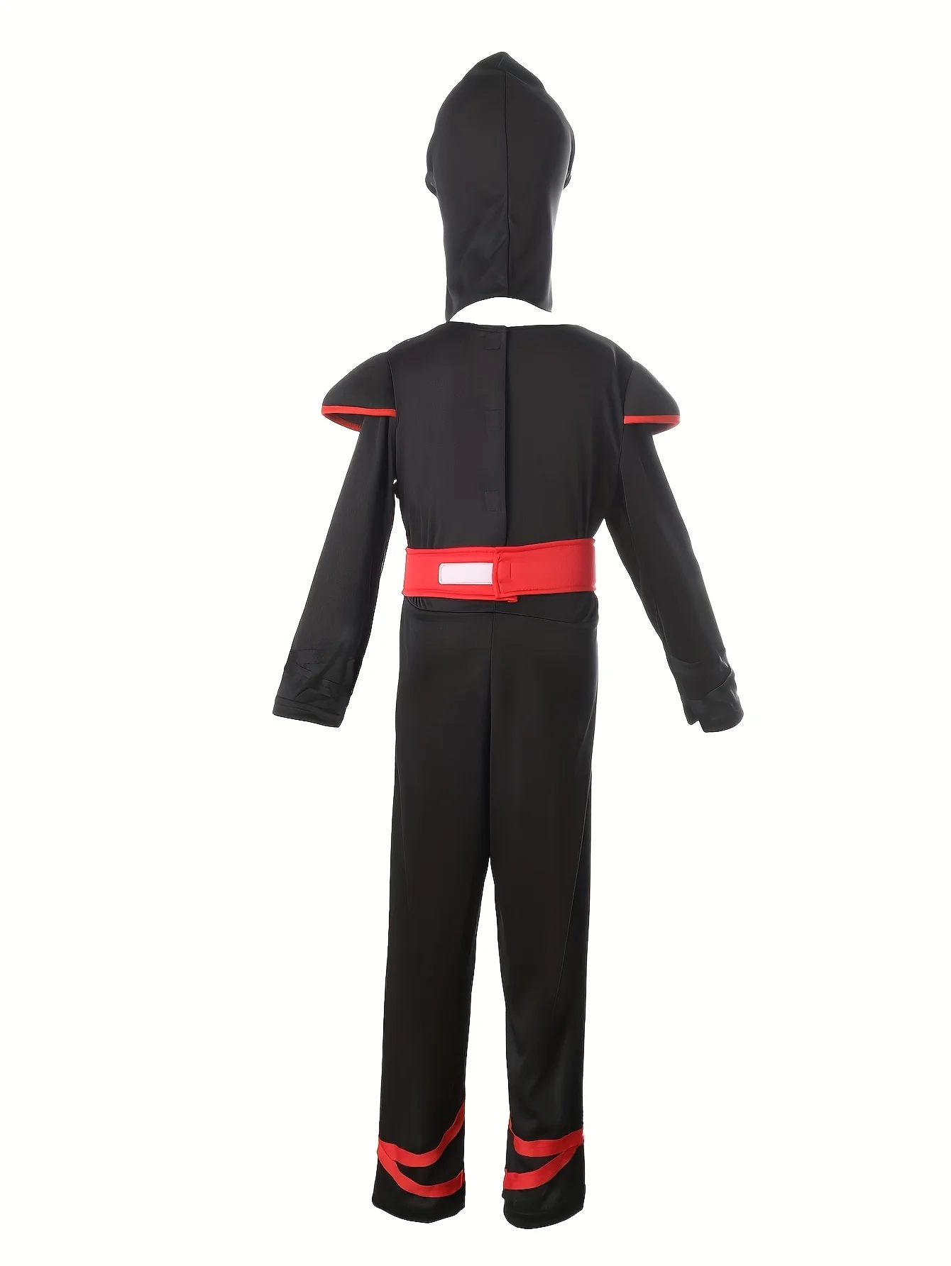 Boys Ninja Halloween Costume, black‑red jumpsuit with hood and dart‑printed red belt for party dress‑up.
