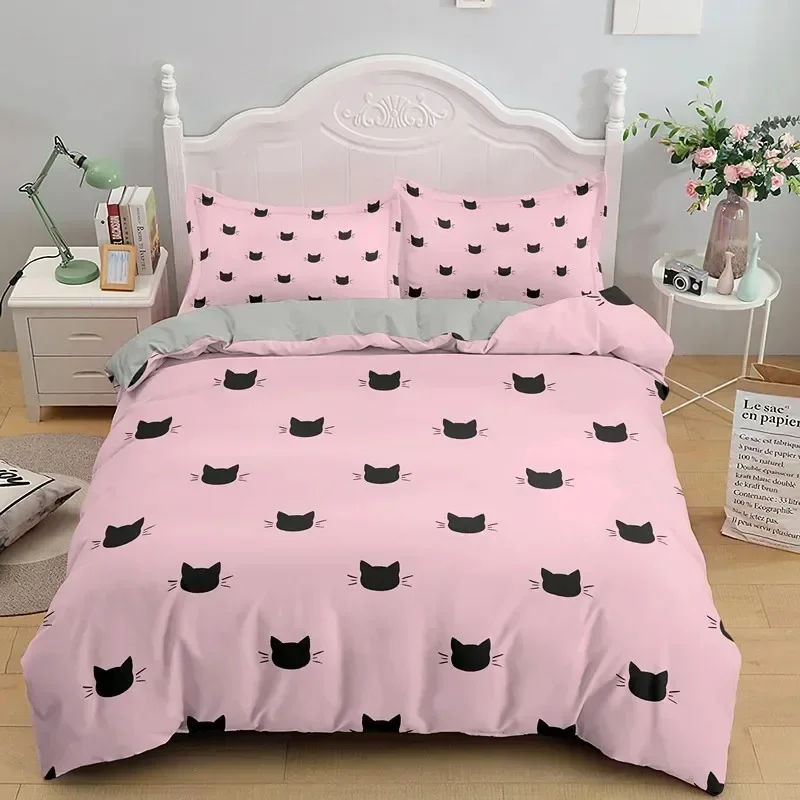 Kawaii Bedding Set Cartoon Cat Pattern Duvet Cover Children Quilt Pillow Covers Single Twin King Queen Bedclothes Home Textile