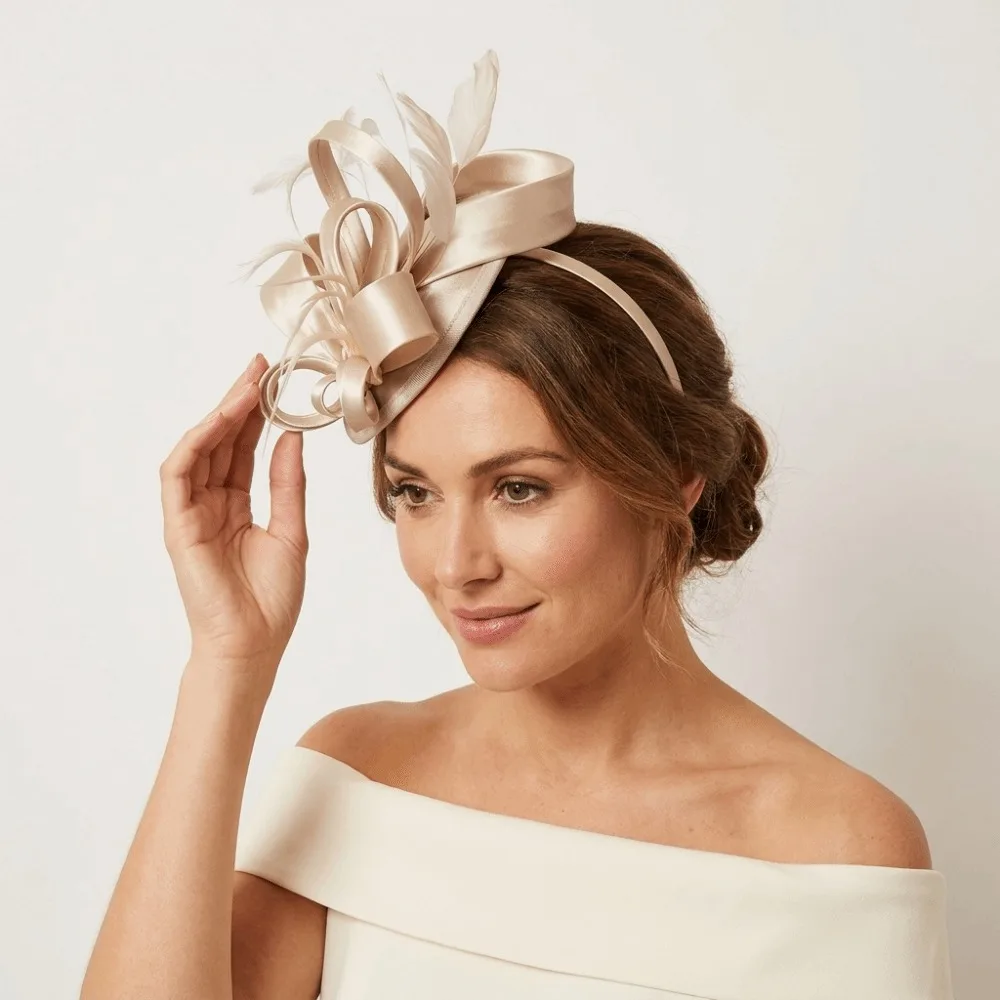 Sweet Bow Feather Fascinator Headband Lightweight Satin Tea Party Hair Hoop Polyester Clip Fixation Hair Accessories Wedding