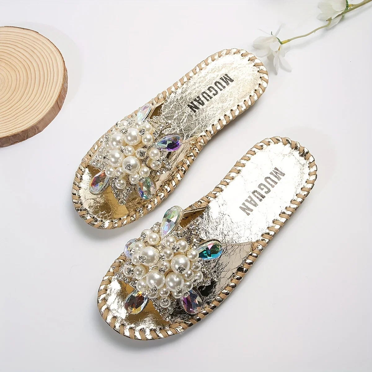 Women Faux Pearl Decor Slide Sandals Casual Open Toe Summer Shoes Lightweight Slide Sandals