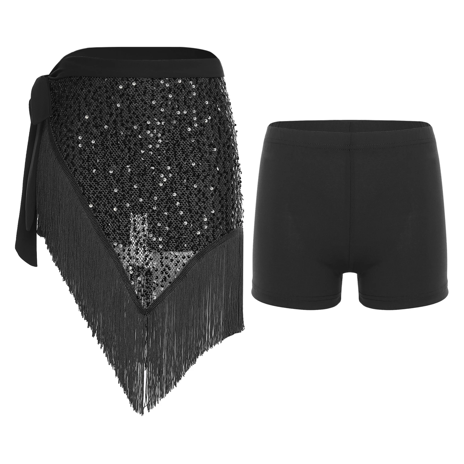 

Womens Belly Dance Hip Scarf and Safety Shorts Sequins Tassel Trim Side Lacing Irregular Hip Skirt Shorts Dance Costume 2Pcs/Set