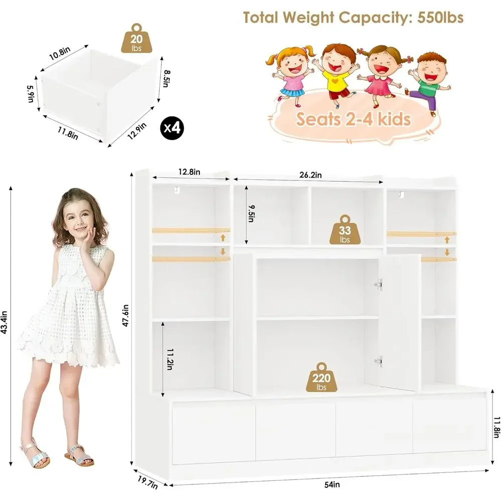 4-in-1 Kids Bookshelf with Storage, Reading Nook, Sliding Drawers, and Toy Chest in White