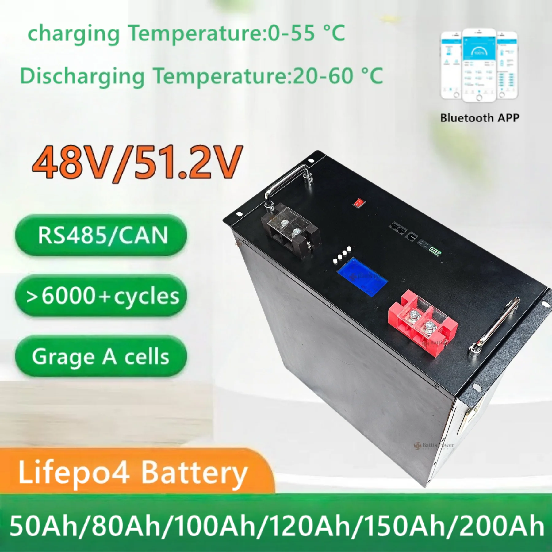 

Battis power 48 В 100 Ач lifepo4 литиевая батарея Bluetooth приложение литий-железо-фосфат RS 485 коммуникационная база + зарядное устройство 10 А