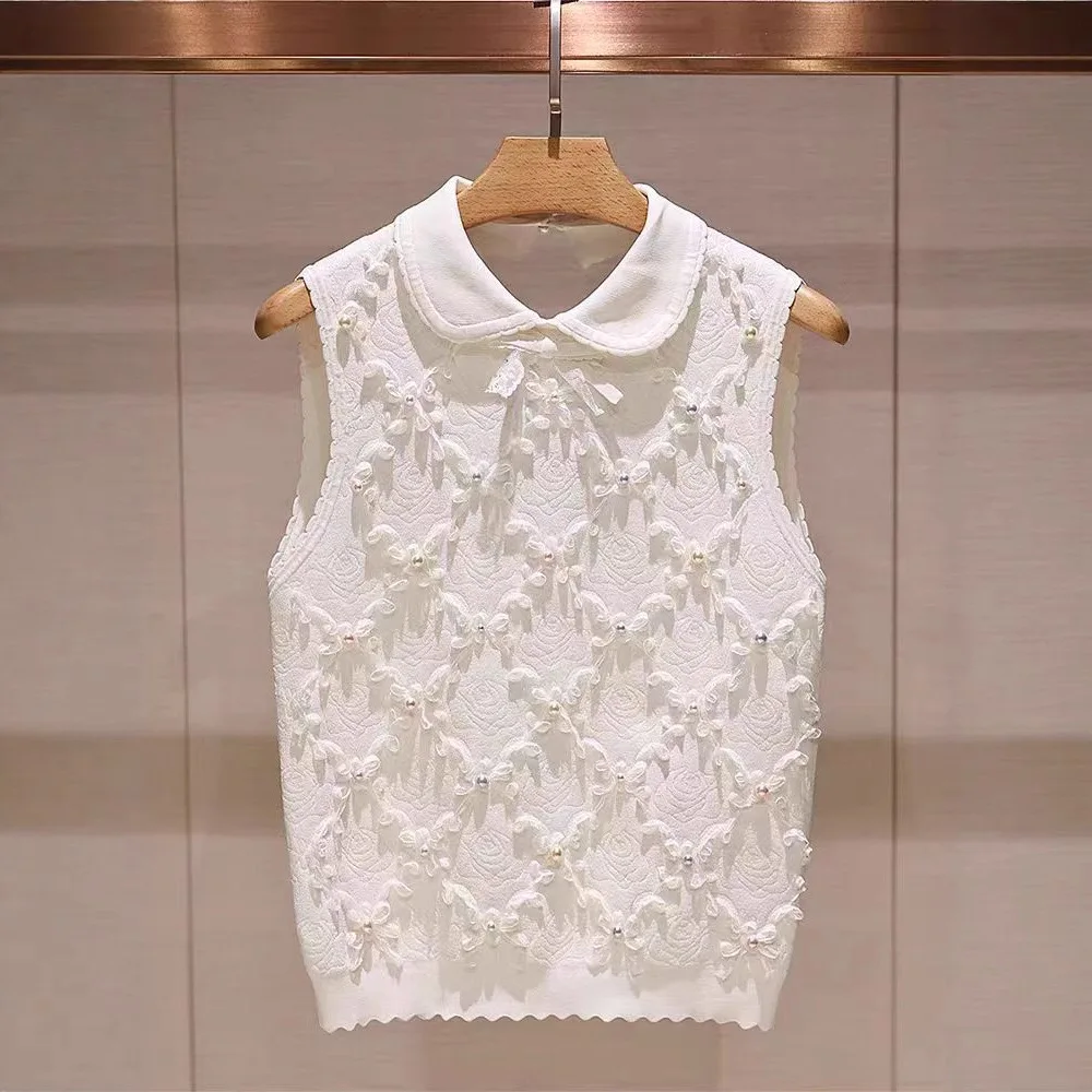 

Elegant Knitted Vest Top Women's Fashion Doll Collar 3D Flower Embellished Cotton Polyester Blend Breathable Casual Shirt