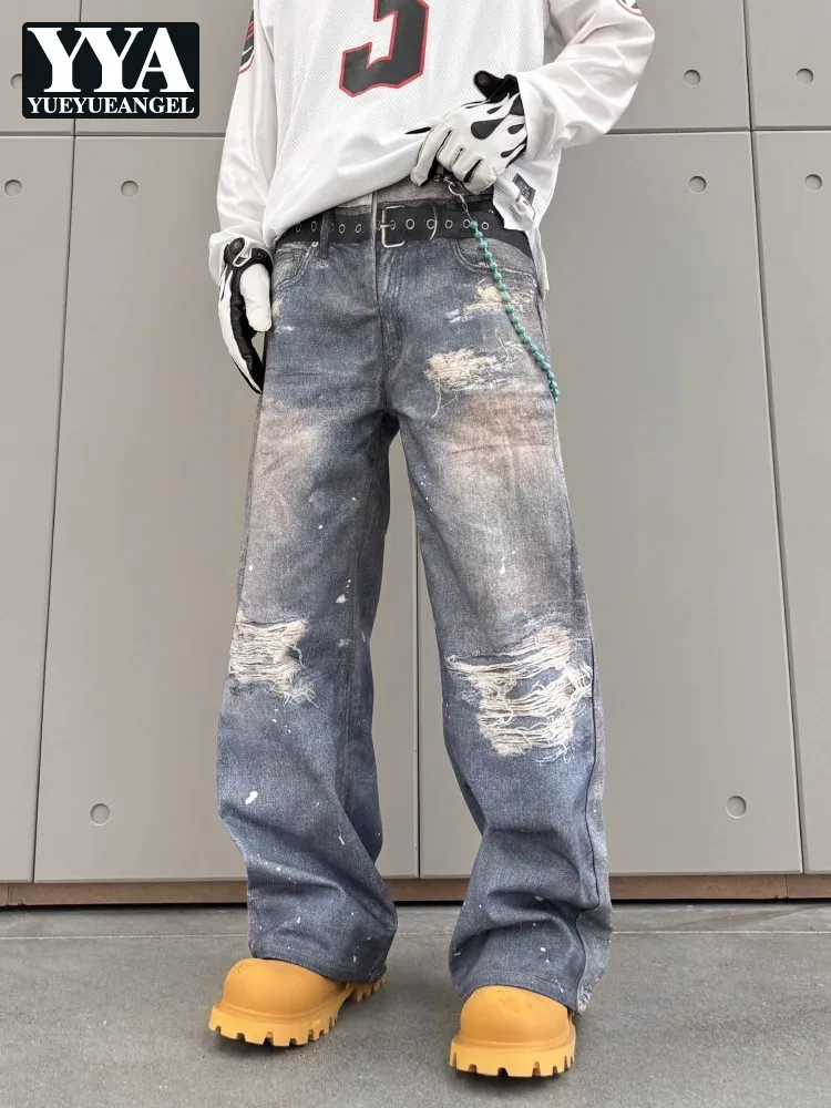 American Style Gradient Blue Hole Fake Two-Piece Spliced Men Jeans Straight-Leg Loose Fit Denim Trousers Full Length Cowboy Pant