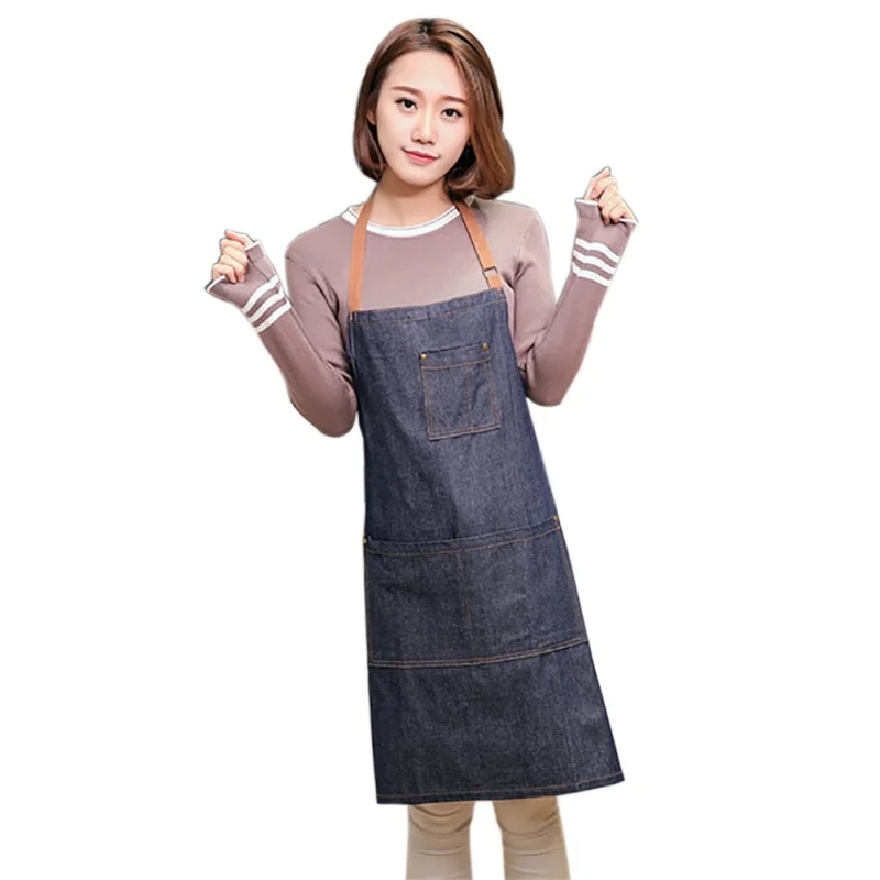 Denim Apron with 3 Pockets Unisex Jean Apron Adjustable Bib Apron for Women Men Home Work Kitchen Cooking Cafe Waiter Waitress