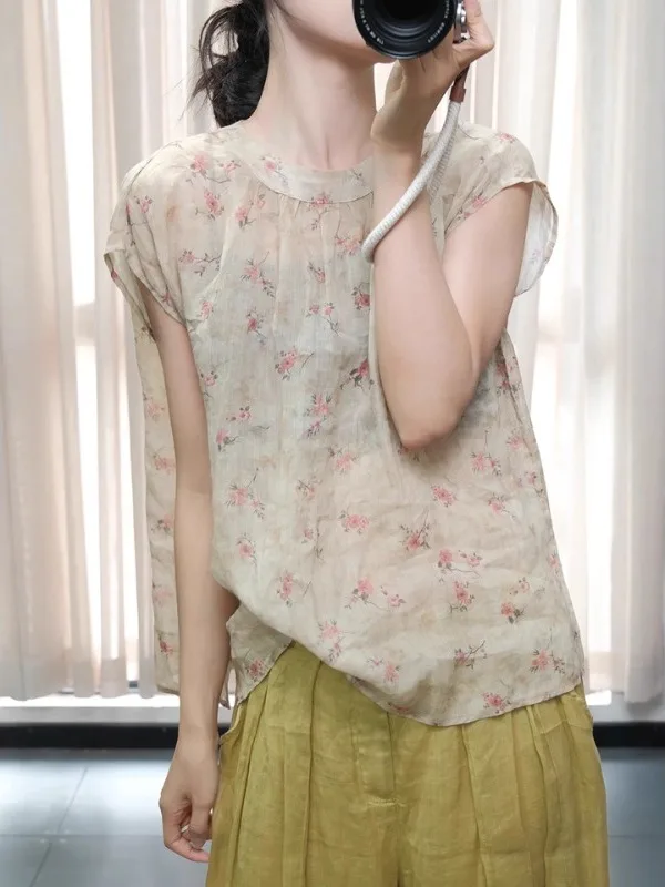 

Lightweight round Ne Printed Cotton irt Women's Summer New Sle Ethnic Sle Svel Top Comfortable Loose Fit Blouse