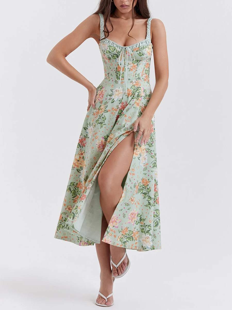 Vestido Midi de corte bajo sin mangas con cuello cuadrado para mujer, vestidos de fiesta con estampado Floral, tirantes finos, corpiño de corte bajo