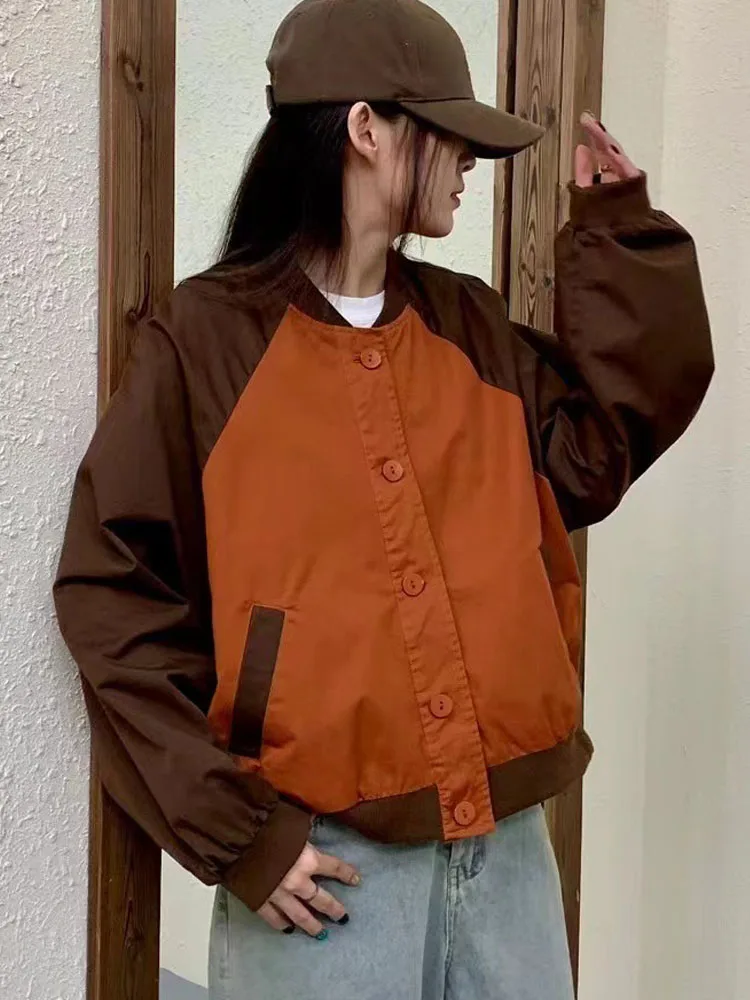 

American Sle Baseball Jaet Color Blo ort Outerwear Loose Faionable Youthful round Ne Cotton Blend Spring Wear