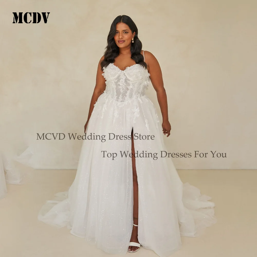 MCDV-vestidos de novia con tirantes finos, vestido de novia de tul con cuentas brillantes, apliques sin espalda divididos, vestidos de novia brillantes personalizados