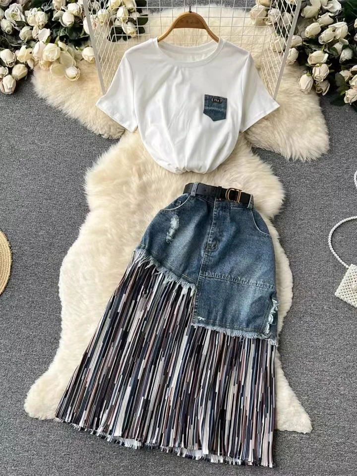 2022 Summer Jeans Skirt Suit Women New Tshirt With Belt Tassel Retro Printing Mid Calf Denim Skirt 2 Piece Set Outfits Female