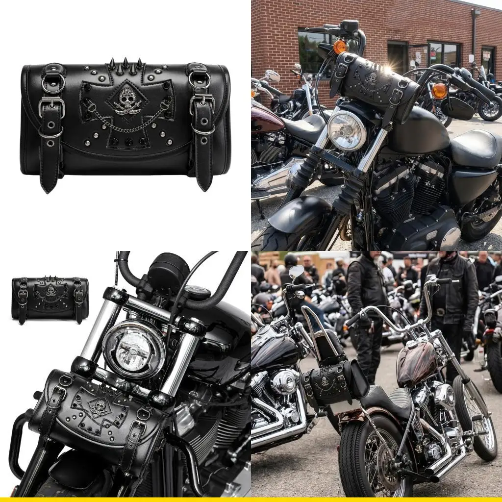 

SZCH Retro Punk Rivets Motorcycle Handlebar Bag Leather Waterproof Bag for Bike