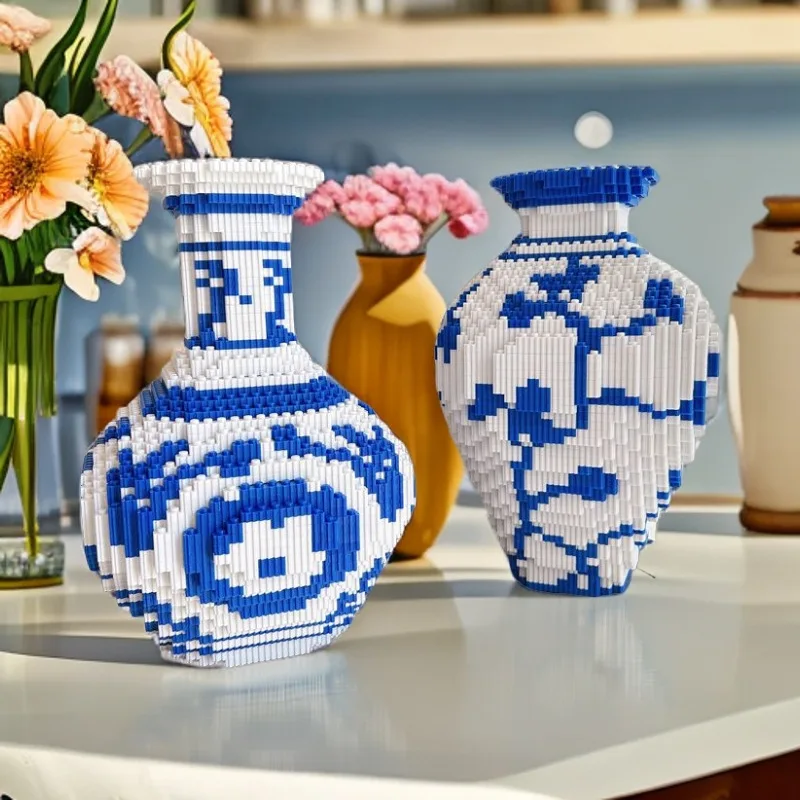 28cm Chinese Style Blue and White Porcelain Vase Creative DIY Puzzle Building Block Desktop Ornaments For Christmas Gift view 3