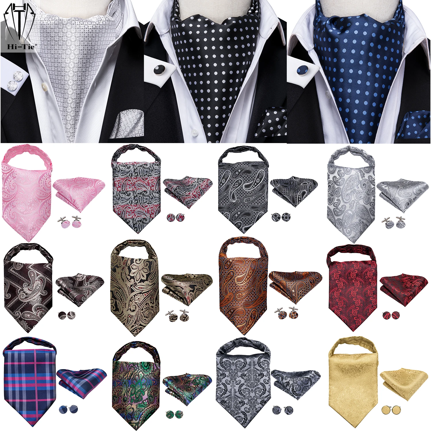Hi-Tie Silk Mens Ascots Hanky Cufflinks ชุด Jacquard Paisley ดอกไม้ Cravat Tie Self Vintage Ascot สีดําสีเทาสีแดงทองสีชมพูสีฟ้า