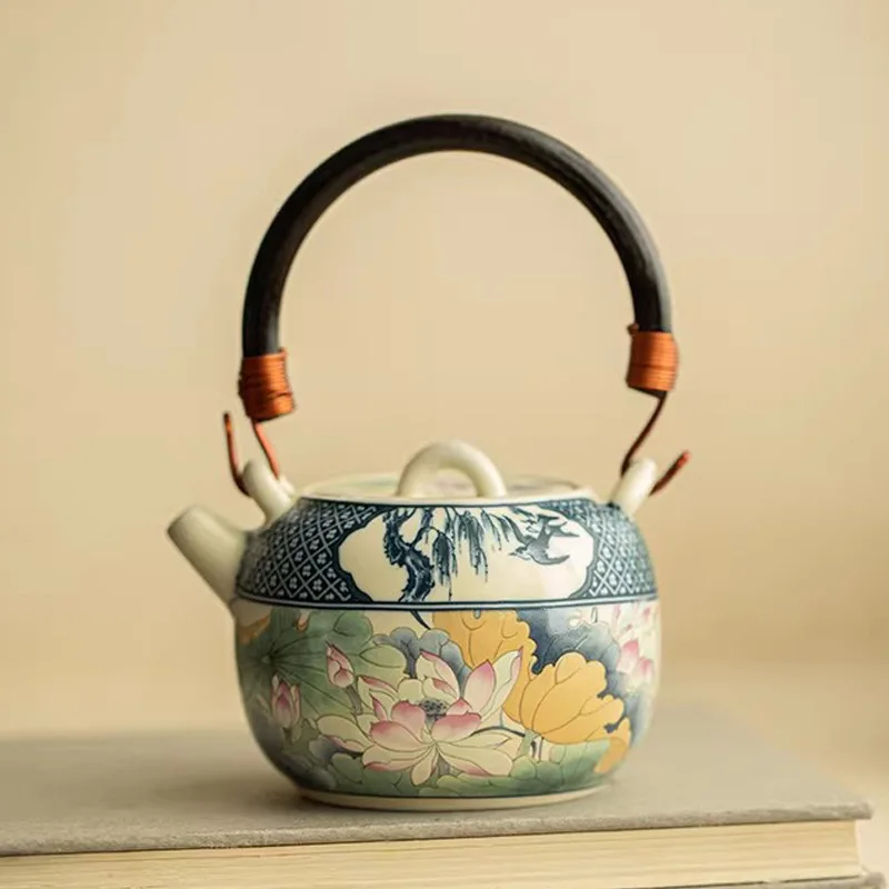 Chinese Ancient Style Lotus Charm Pastel Teapot Lifting Teapot Ceramic Tea Set Exquisite Teapot Kung Fu Tea Set Single Pot Gift