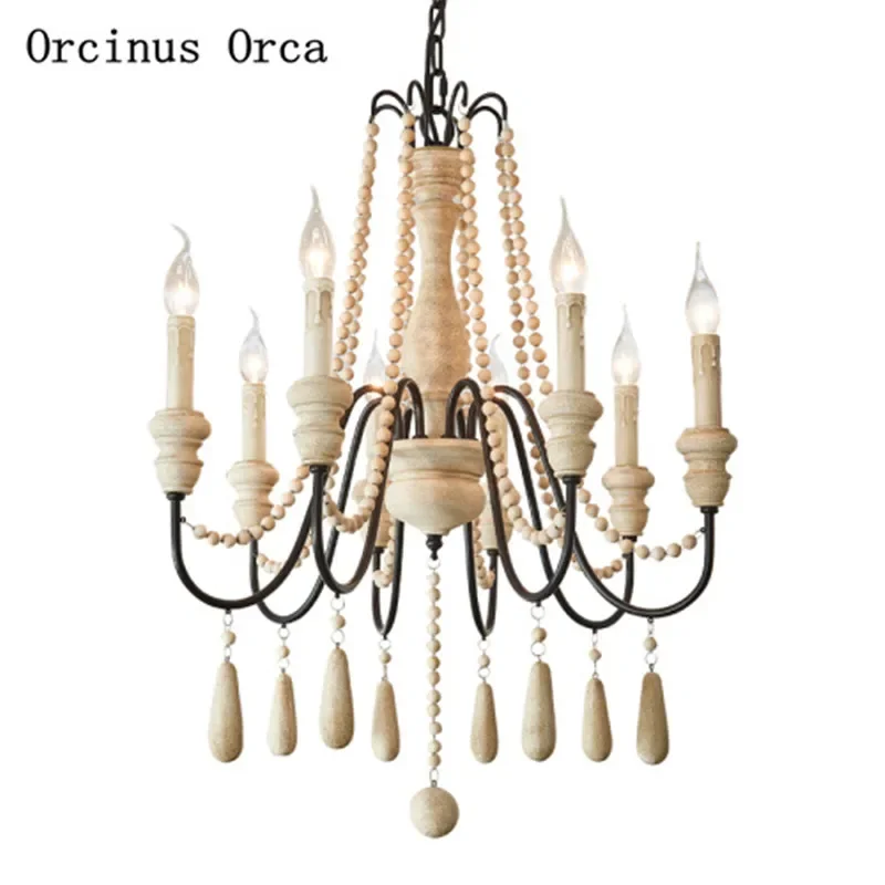 American retro white wooden bead chandelier living room dining room bedroom French garden led candle decoration Chandelier