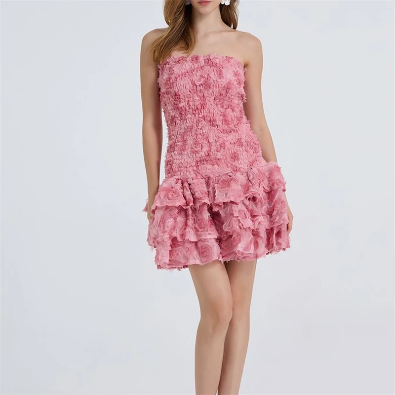 ฤดูร้อนดอกไม้อย่างเป็นทางการชุดราตรีสั้นชุดผู้หญิงหวานชุดบอล 3D ดอกไม้ Ruffle Beach สวมวันเกิด Prom Party Dresses