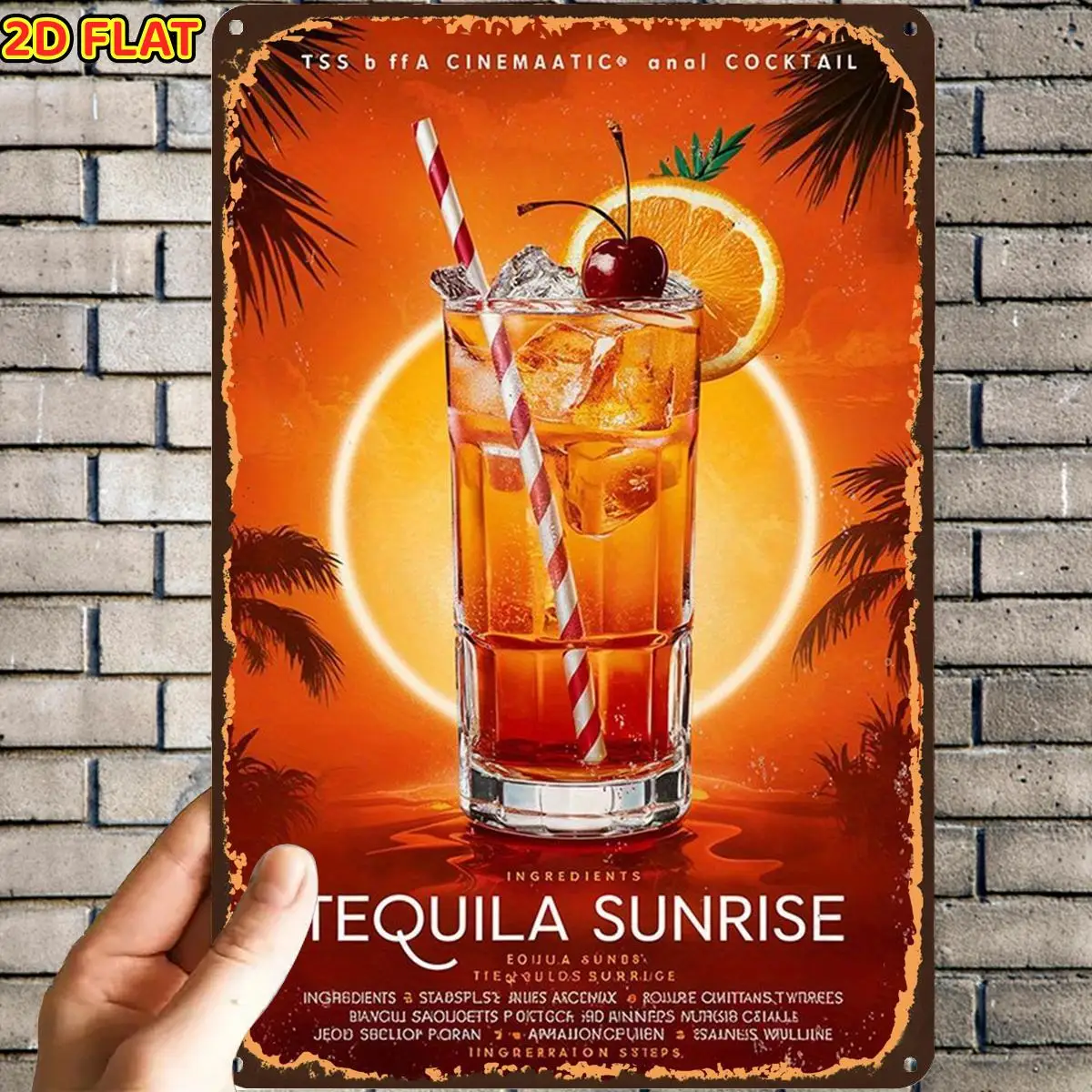 Vintage Tequila Sunrise Cocktail Tin Wall Sign, Pre-Drilled Holes, Decor For Home Office Garden, Indoor & Outdoor Toilet Decor.