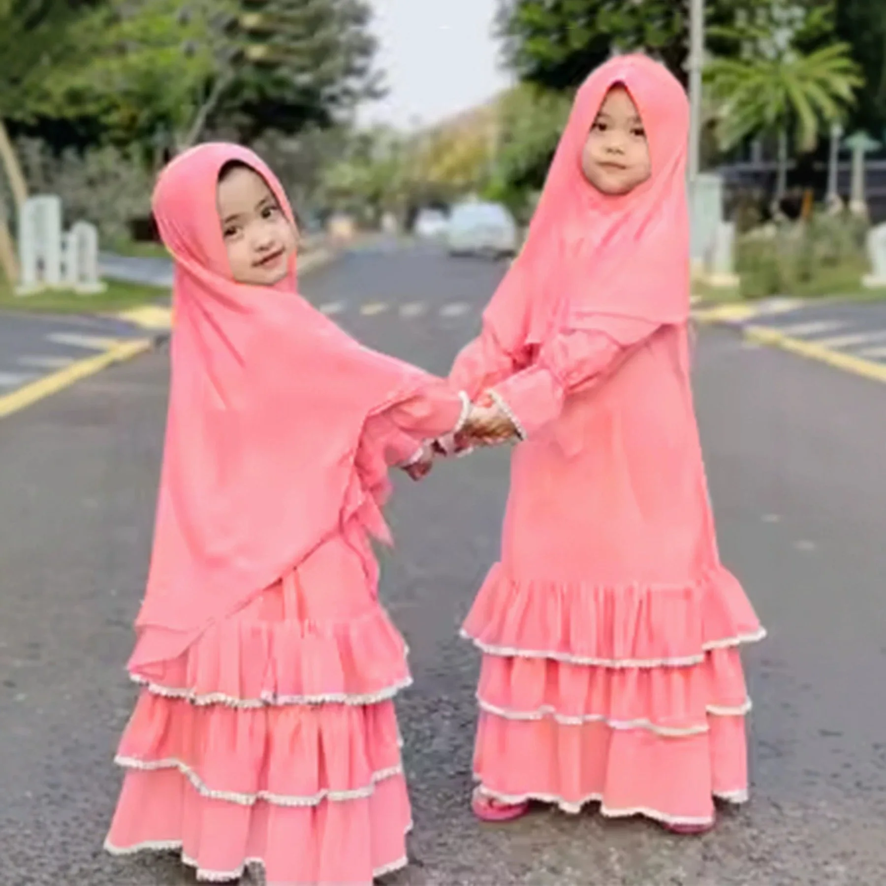 Conjuntos de 2 Peças Vestido de Oração Muçulmano para o Ramadã Abaya para Crianças Meninas Eid Khimar Hijab Roupas Longas para Crianças Árabes