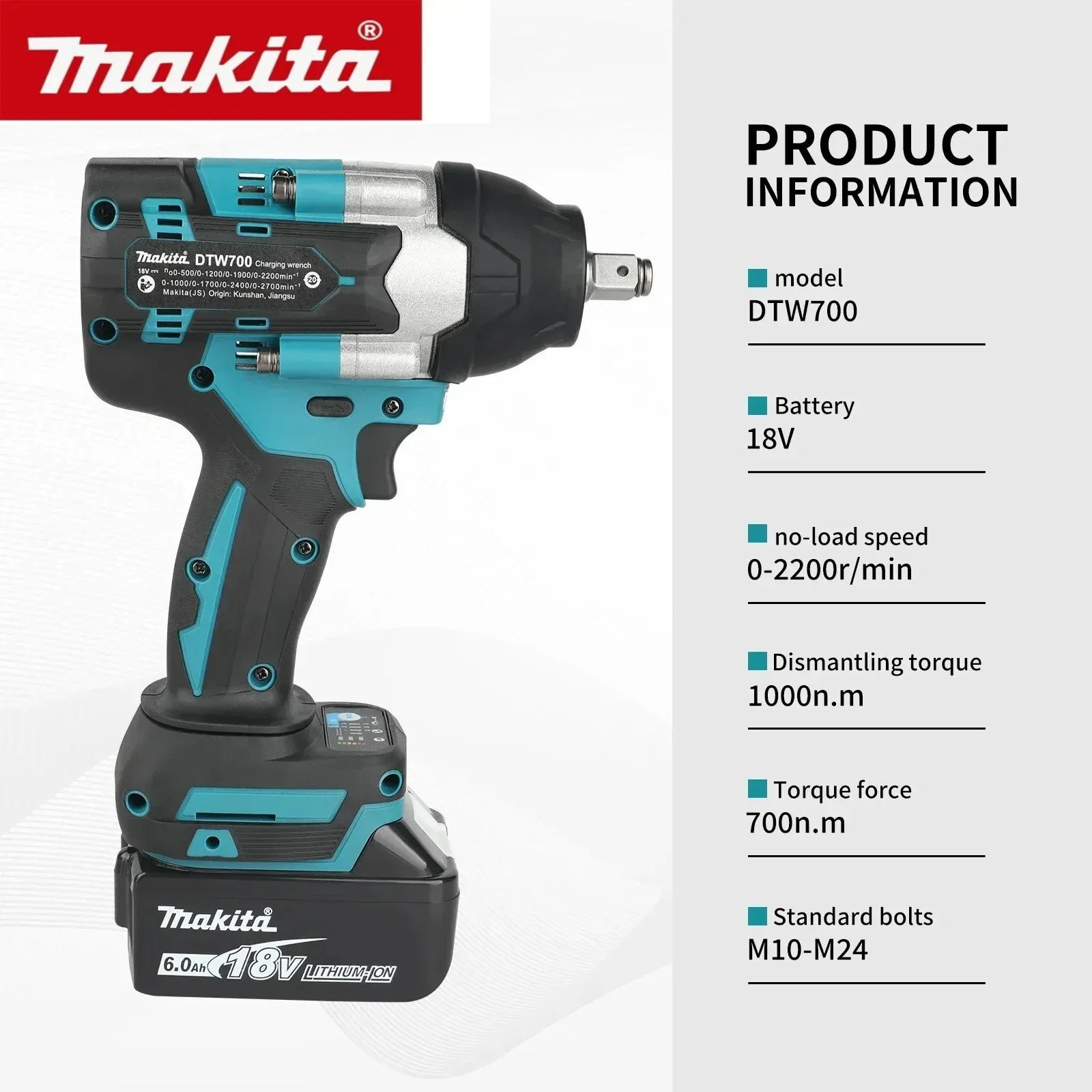 Makita 18V 6.0Ah  Lithium Battery Fit DTW700 Brushless Impact Wrench Replacement for Makita LXT Cordless Power Drill Tools