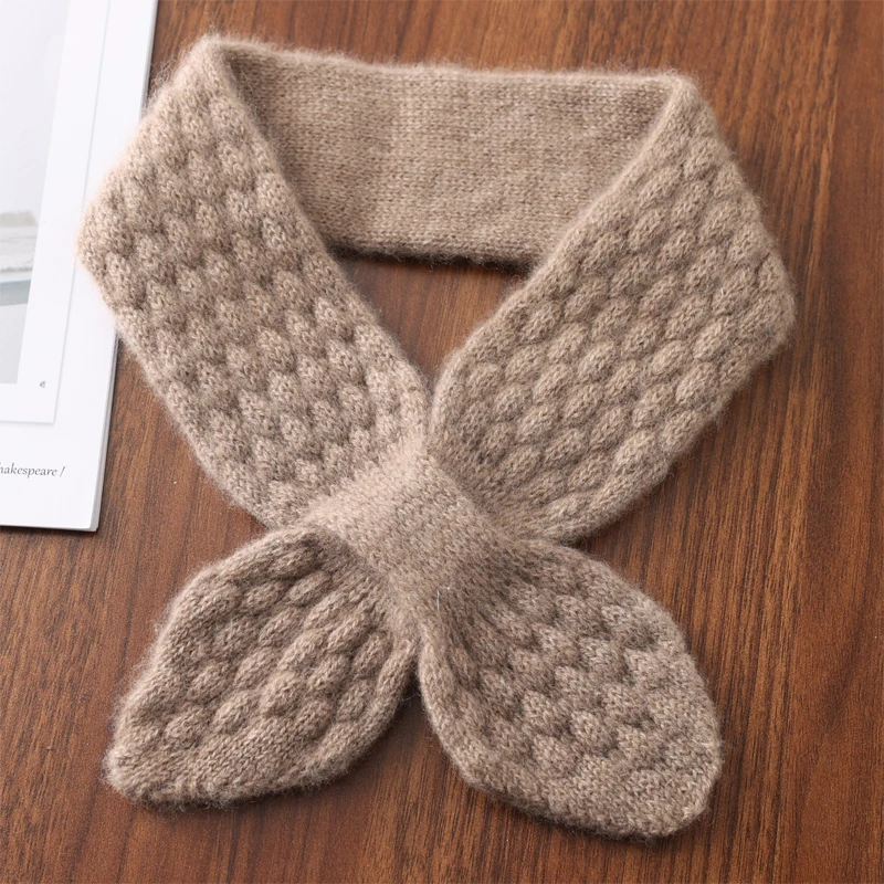 100%Wool Women Bowknot Cross Knitted Ring Neck Scarves Fashion Female Autumn Winter Solid Elastic Soft Fake Collar Neck Warmers