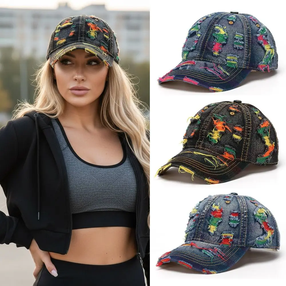 Vintage Denim Baseball Cap Visor Colorful Lines Peaked Cap Adjustable Tear Style Hole Hat For Man Women Outdoor Streetwear