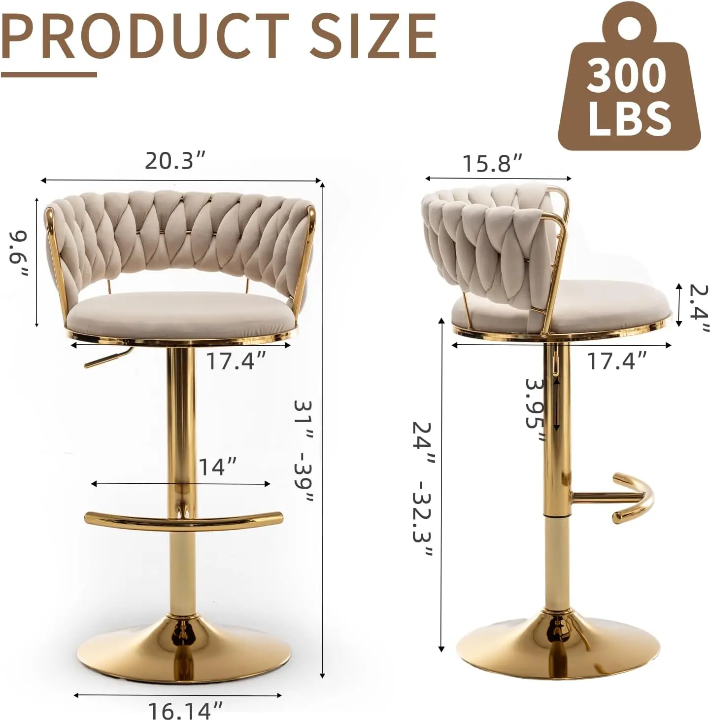 Beige Velvet Bar Stools Set of 4 with Woven Backrest, Adjustable for Kitchen Island, Dining Room, Cafe, Pub