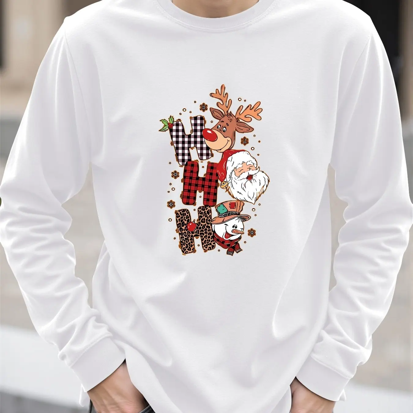 الكرتون إِلْكَة عيد الميلاد طباعة الرجال طويلة الأكمام تي شيرت ربيع الخريف عادية س الرقبة بلوزات فضفاضة موضة المحملة X'mas السنة الجديدة الملابس #2