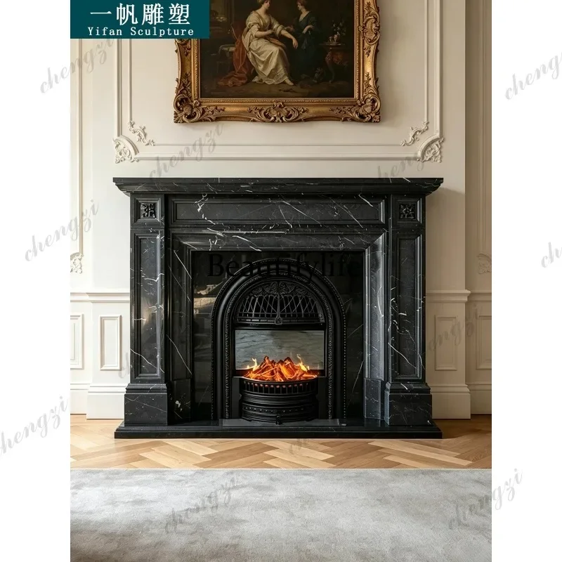 N178 Marble fireplace American modern living room black and white root fireplace black stone carving fireplace