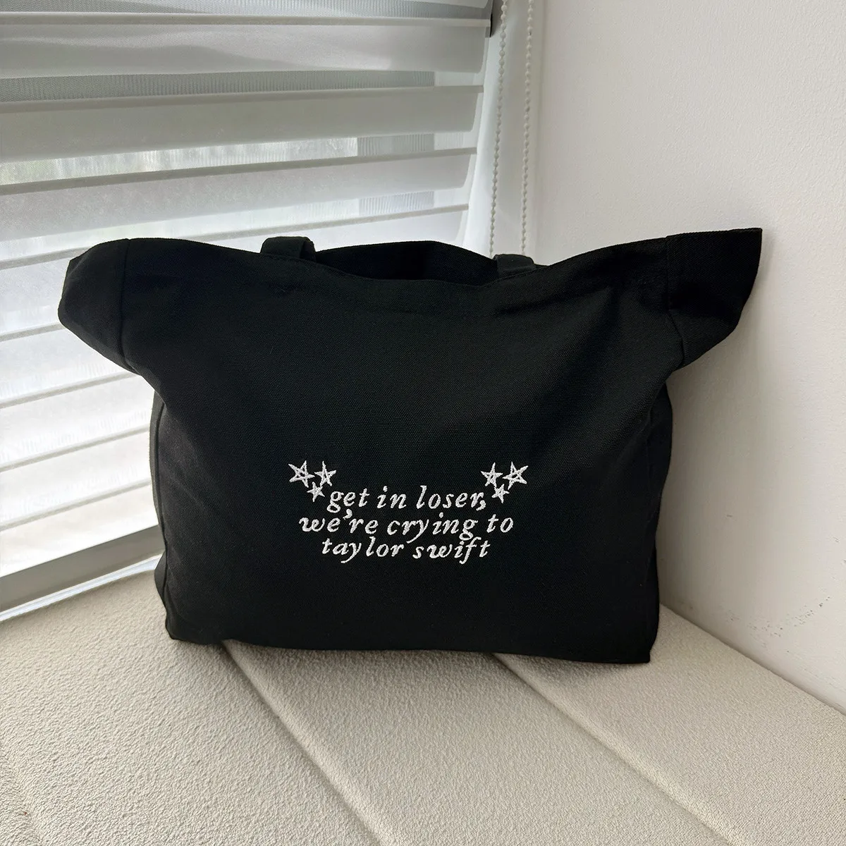 American Vintage Style Cotton Canvas Tote Bags Embroidered Women Street Fashion Reusable Shoulder Shopping Bags