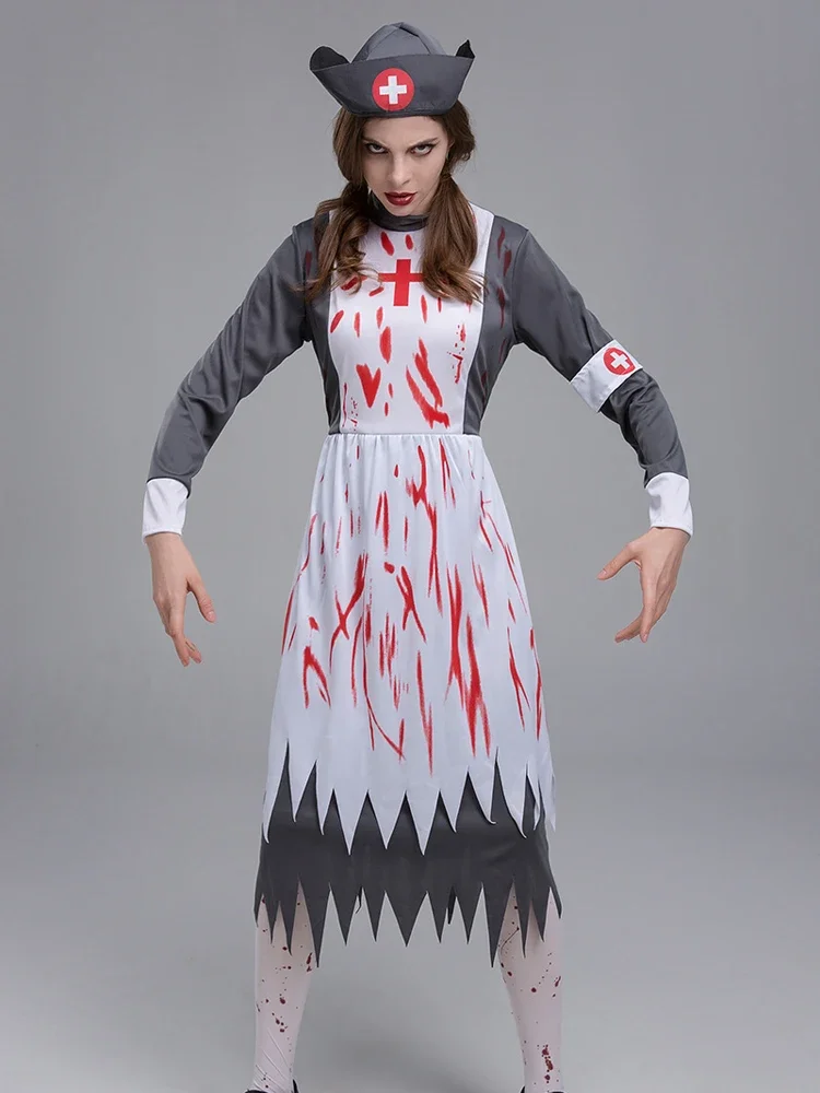 Women Medieval Vintage Corpse Nurse Costume Adult Dead Zombie Halloween Horror Scary Fancy Dress Outfit