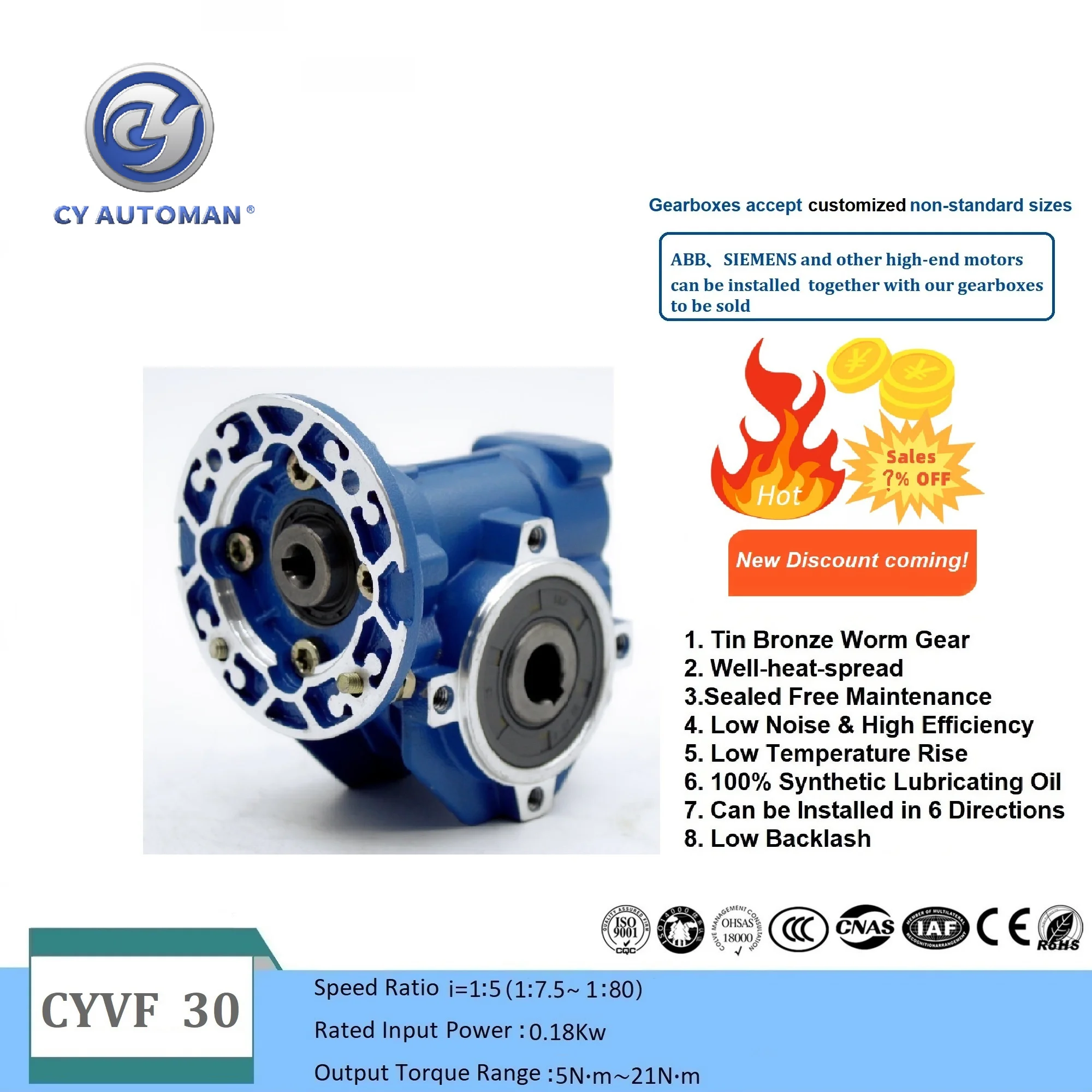 

CY Automan High Torque Worm Gear box NMVF 030 CYVF 30 Input 11mm /9mm Output 14mm Ratio 5:1/80:1 Free Maintenance