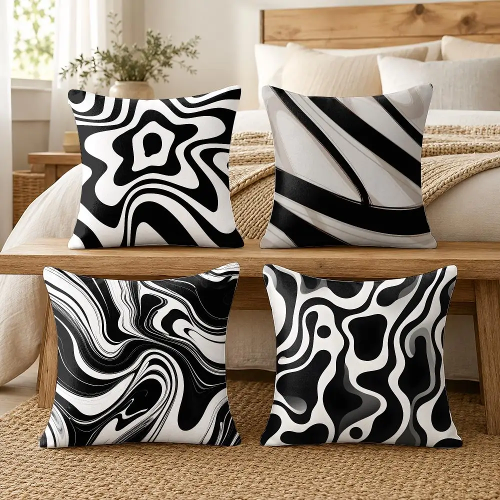 Sophisticated Black White Art Cushion Cover Silky Short Plush Invisible Zipper Dustproof Sofa Pillow Case For Home Decor