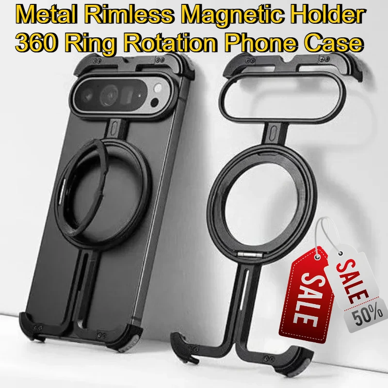 For Google Pixel9pro XL Fold Simple Design Shockproof Protector Cover Metal Rimless Magnetic Holder 360 Ring Rotation Phone Case