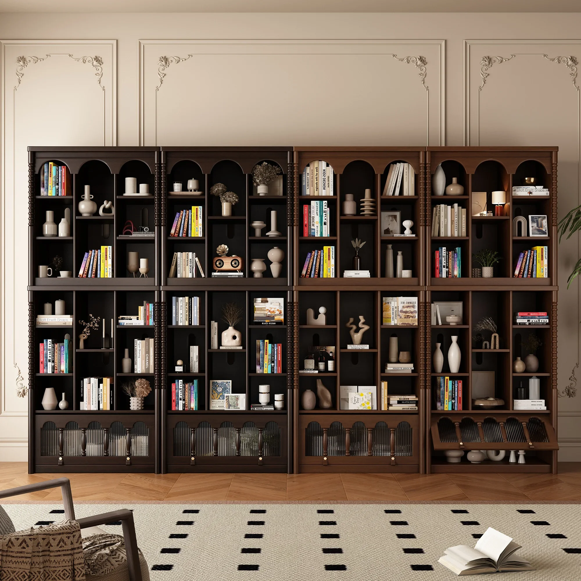 Retro Solid Wood Bookshelf Combination Book Low Cabinet Half Wall Bookcase Side