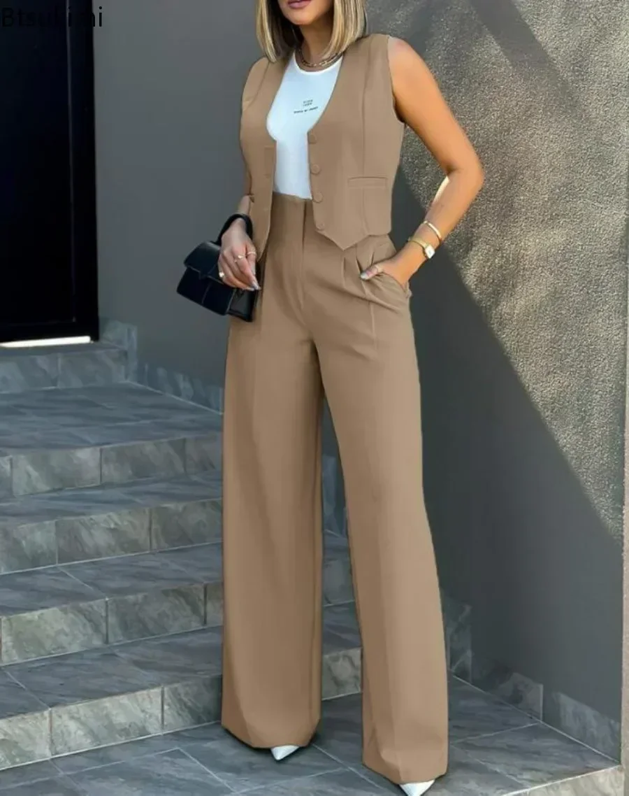 New 2025 Women\'s Summer Casual 2PCS Pants Sets Solid Vest +Pants Sets Elegant High Waist Wide Leg Outfits Women Matching Sets