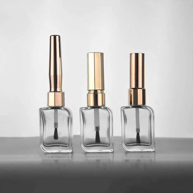 Frasco de esmalte com tampa, Escova Cosméticos Recipientes, Garrafas De Vidro Com Escova, Tampa Dourada e Prateada, 15ml
