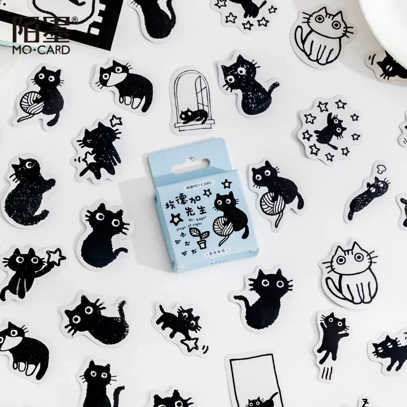 45Pcs Japanese Simple Black Cat Sticker Animal Theme Scrapbook Journal DIY Material Girl Boy Phone Case Tablet Laptop Decoration