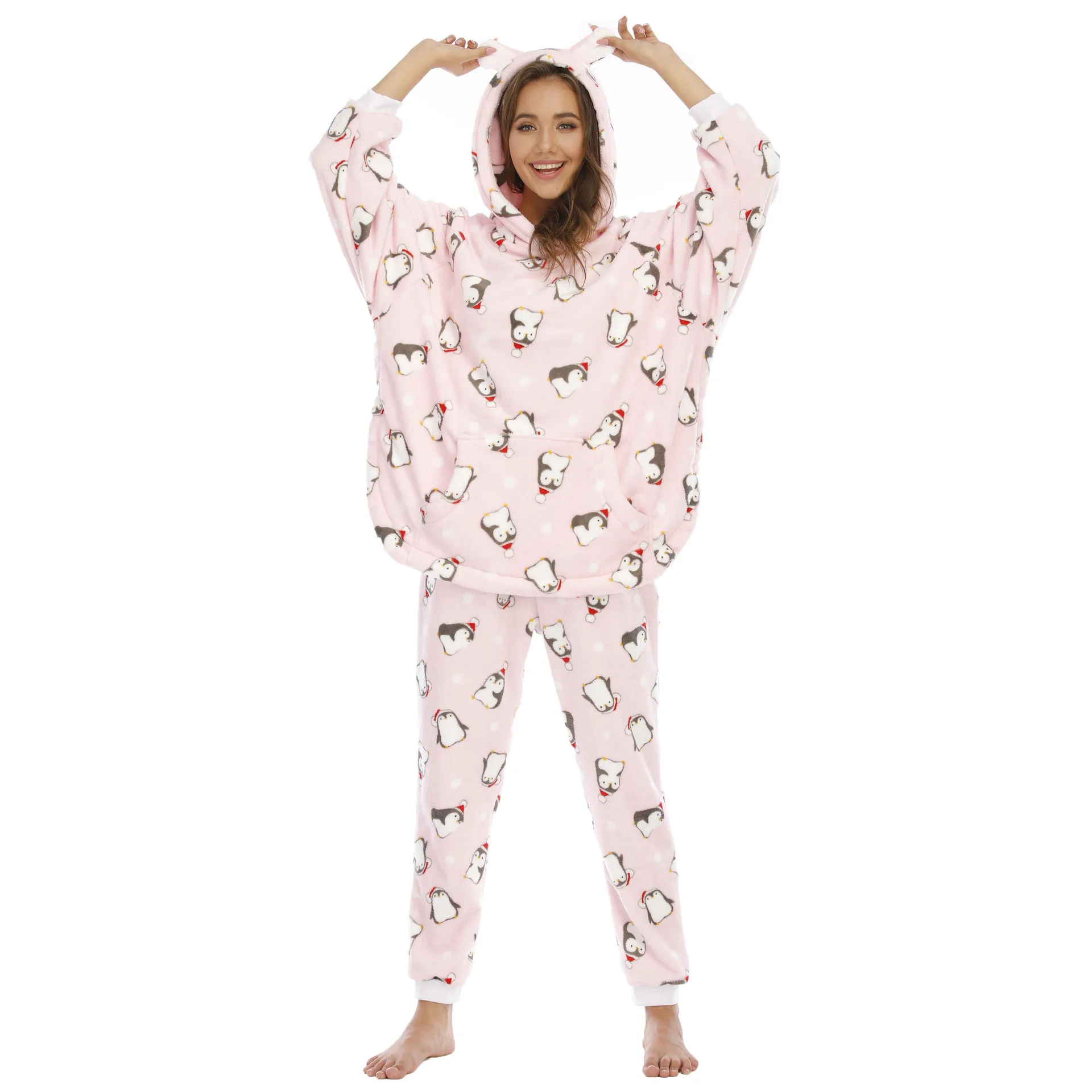 Autumn Winter Flannel Pajamas for Women Cute Pink Print Penguin Cartoon Sleepwear Pijamas Suit Loose Thickened Fleece Home Wear