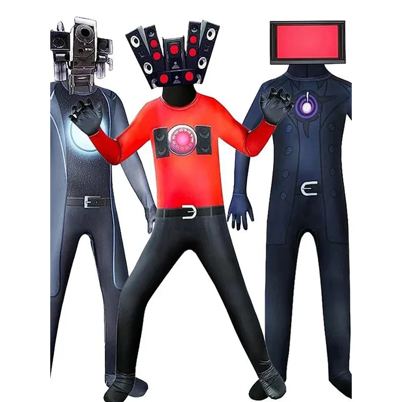 HN8 เกม Skibidi ห้องน้ําคอสเพลย์เครื่องแต่งกายผู้ใหญ่เด็ก Canival ปาร์ตี้ฮาโลวีนบอดี้สูทลําโพงทีวีกล้องวิดีโอ Jumpsuit หน้ากาก Fo8...Gf