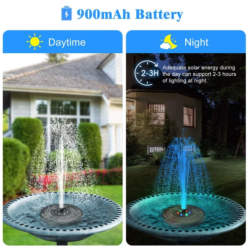 Solar Fountain Pump For Bird Bath,3W Floating Fountain With 6 LED Lights,7 Nozzles,For Garden, Pond, Pool, Backyard